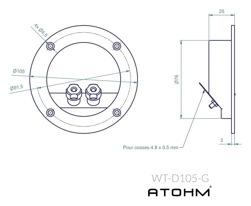 Atohm WT-D105-G — plan coté du bornier rond WT-D105-G : face avant et profil