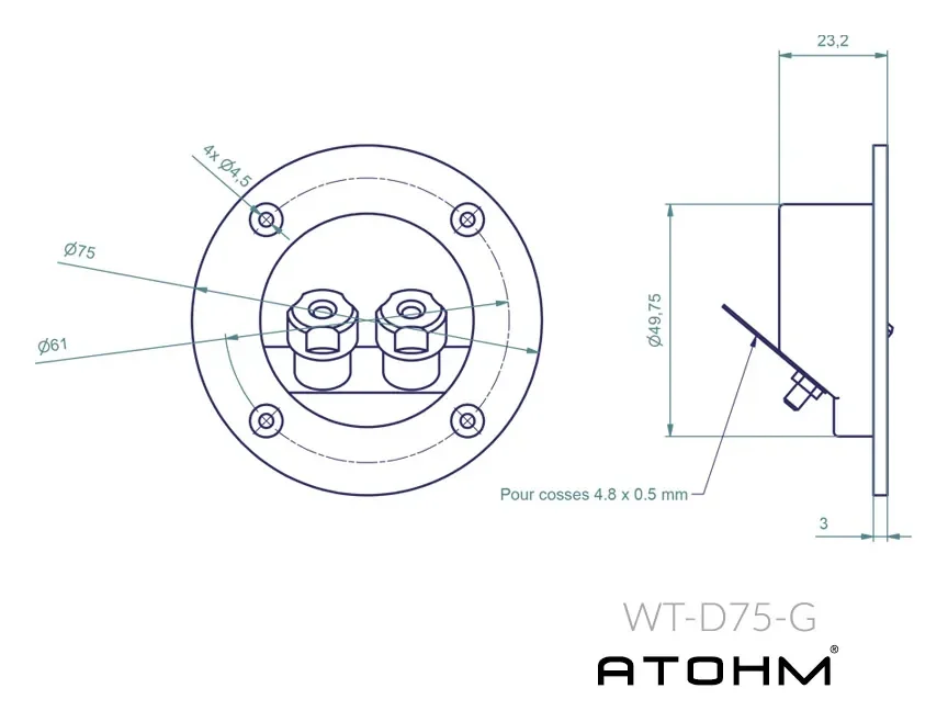 Atohm WT-D75-G — plan coté du bornier rond WT-D75-G : face avant et profil
