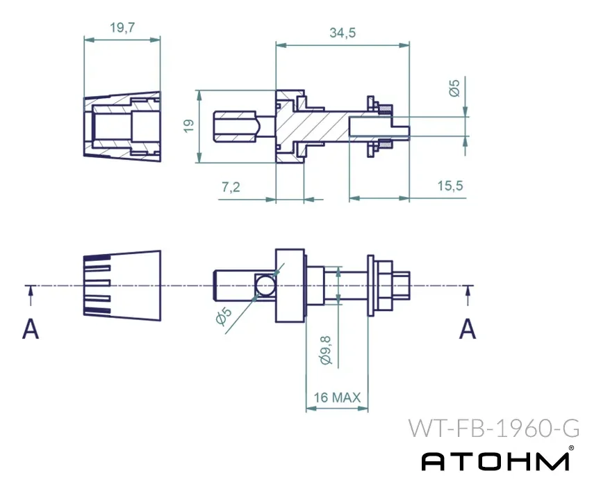 Atohm WT-FB-1960-G — plan coté de la borne WT-FB-1960-G, vue en coupe