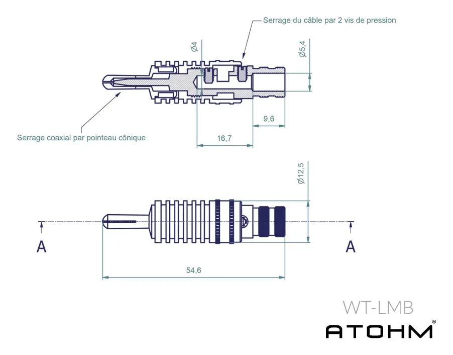 Atohm WT-LMB — plan coté de la fiche banane WT-LMB : serrage coaxial par pointeau conique
