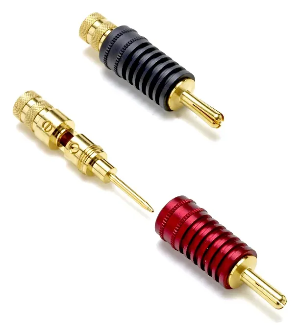 Atohm WT-LMB — fiches banane dorées à corps rainuré noir et rouge, l’une démontée