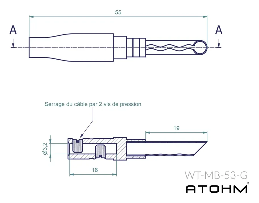 Atohm WT-MB53-G — plan coté de la fiche banane WT-MB-53-G : serrage du câble par 2 vis de pression