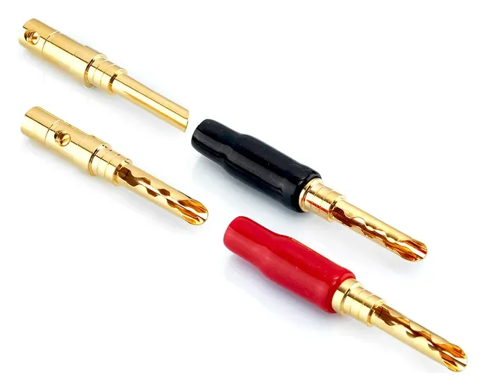 Atohm WT-MB53-G — fiches banane dorées avec leurs manchons noir et rouge, dont deux sans manchon