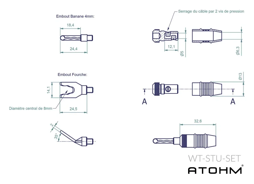 Atohm WT-STU-SET — plan coté du jeu de fiches WT-STU-SET : embouts banane 4 mm et fourche