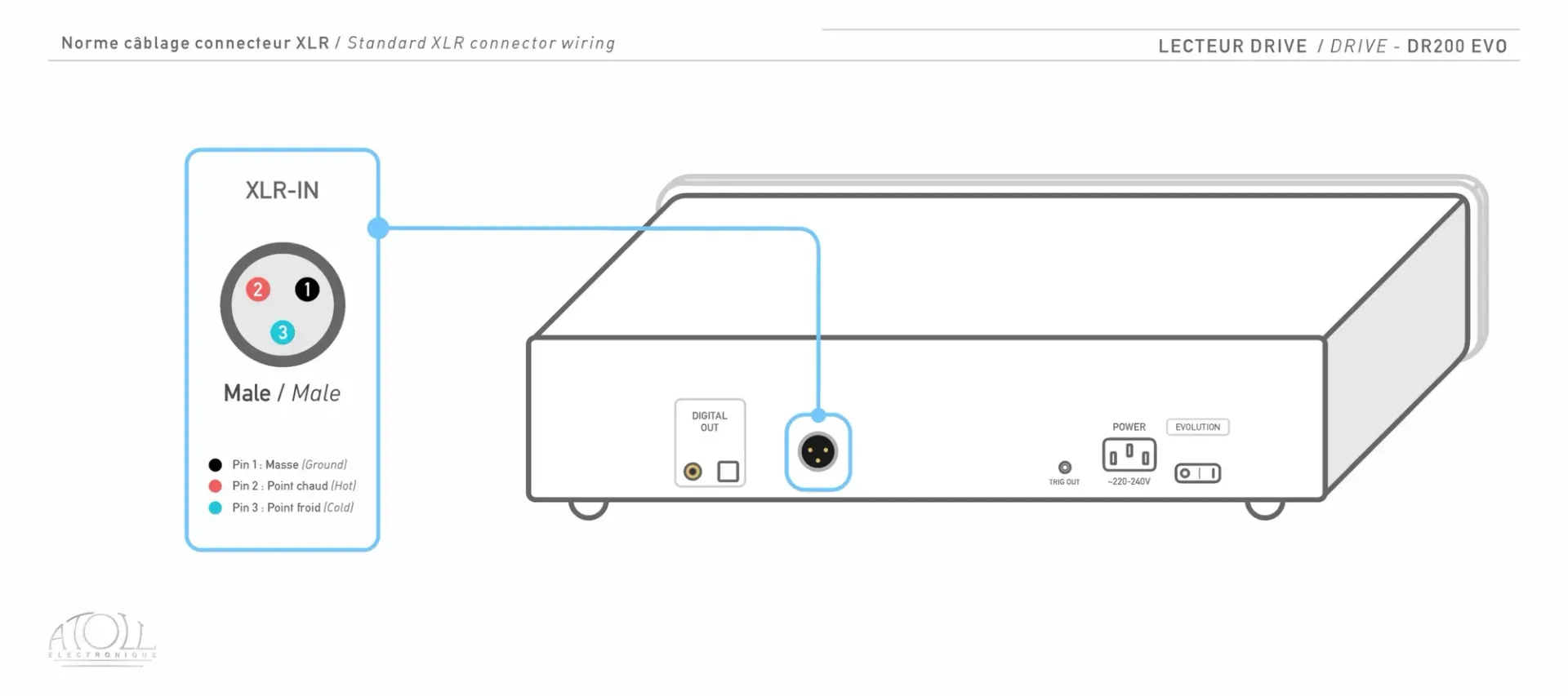 Câblage XLR de l'Atoll DR200 Evolution : brochage des prises XLR (masse, point chaud, point froid)