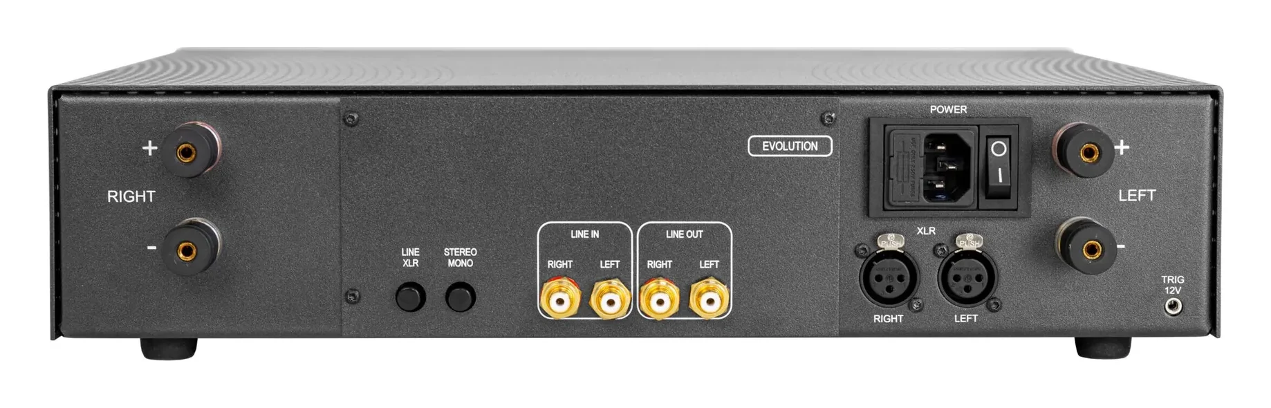 Atoll AM300 Evolution — face arrière : bornes haut-parleur, entrées RCA et XLR, sortie ligne, prise secteur