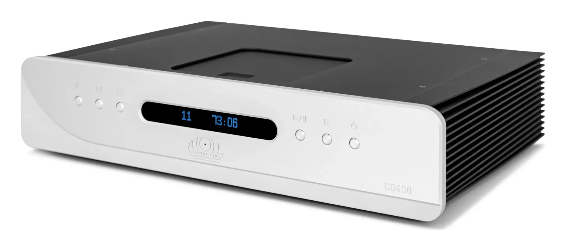 Atoll CD400 Evolution — façade en aluminium brossé silver, vue de trois-quarts