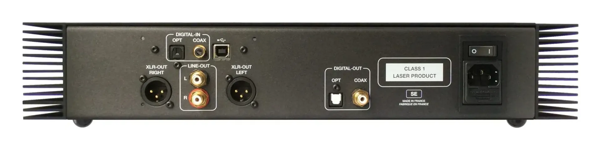 Atoll CD400SE / DR400SE — face arrière du CD400SE : sorties analogiques XLR et RCA, sorties numériques, prise secteur