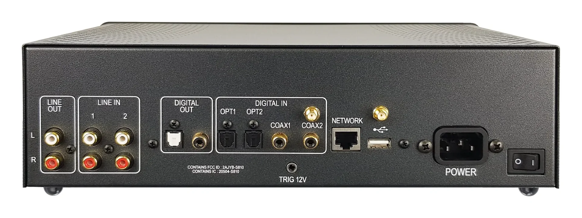 Atoll MS120 — face arrière : entrées et sorties analogiques et numériques, réseau, USB, prise secteur