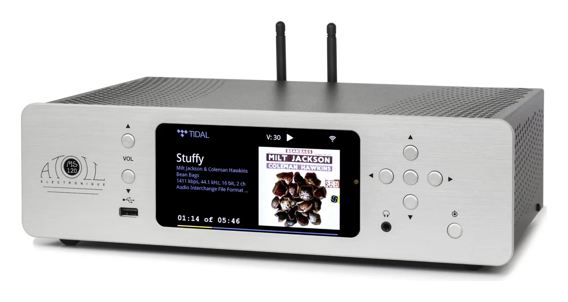 Atoll MS120 — façade silver avec écran couleur affichant la lecture Tidal, deux antennes Wi-Fi