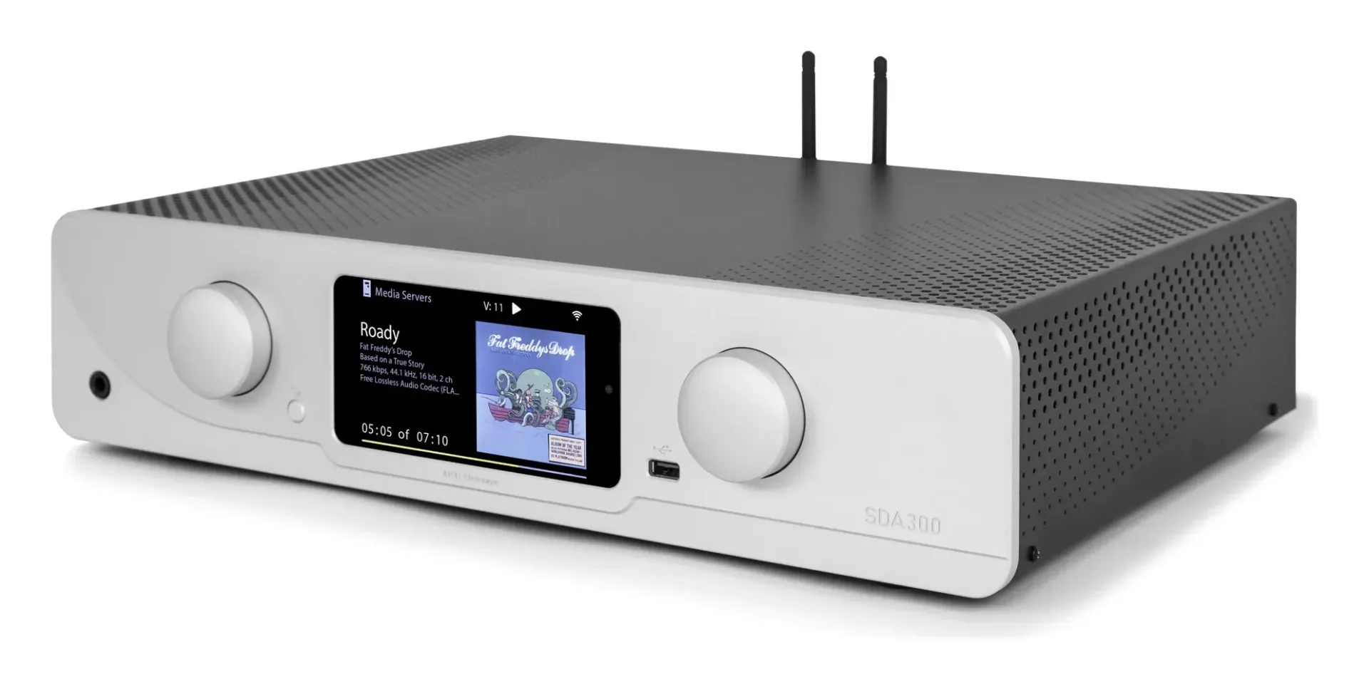 Atoll SDA300 Signature — façade silver avec écran couleur, deux boutons et deux antennes Wi-Fi, vue de trois-quarts
